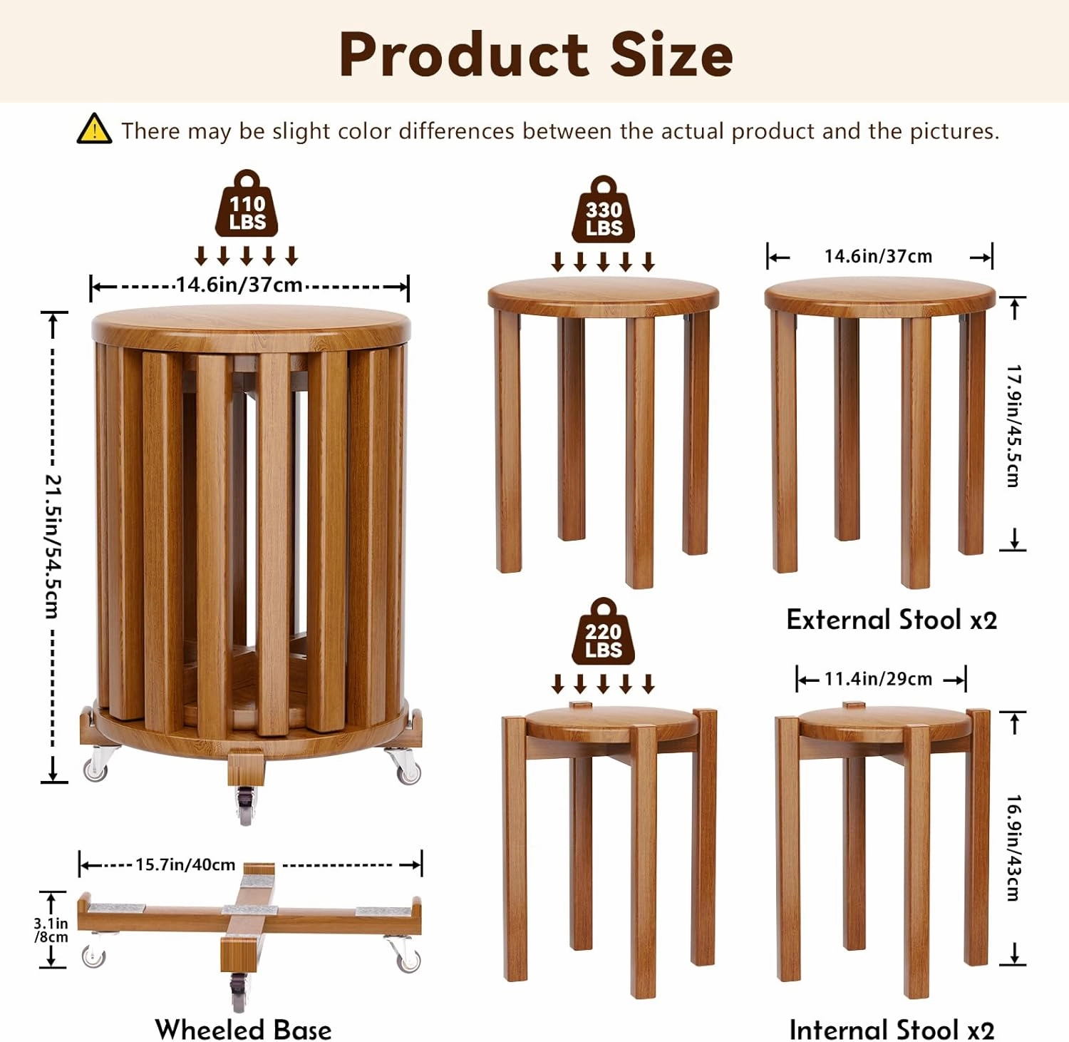 Stackable Stools Set of 4, 4-in-1 Wood Stool,Sturdy and Durable, Nesting Tables,Stacking Stools No Installation Required,Top Stackable Round Stool with Wheels for Saving Space
