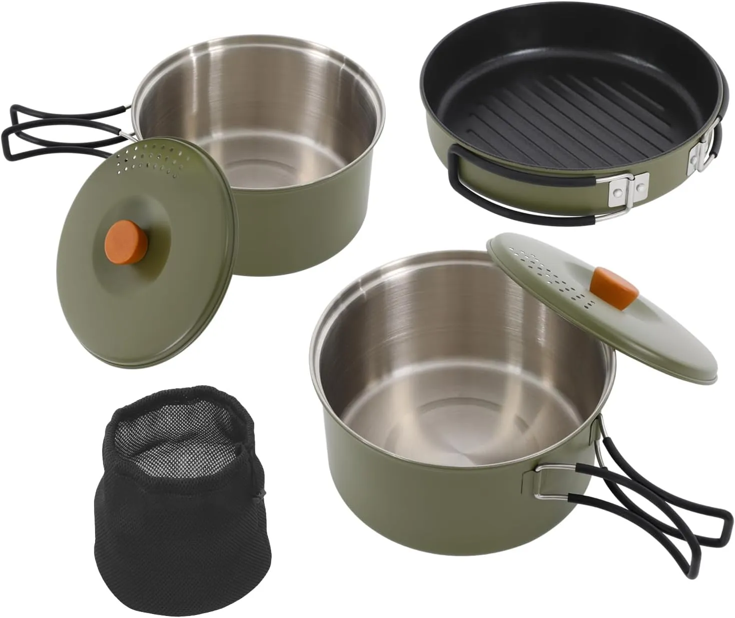Stainless Steel Camping Cookware Set, Camping Pots and Pans Set with Storage Bag, Nesting Camping Cooking Set for Camping Outdoor Cooking Picnic Home Kitchen for 2-3, Green