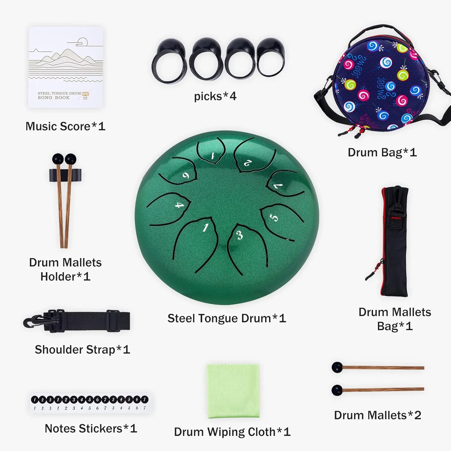 Steel Tongue Drum Kids Instrument: Musical Metal Tank Drums Set 6 Inch 8 Notes C-Key for Meditation Yoga Education Percussion with Bag, Music Book, Mallets, Finger Picks(Green)