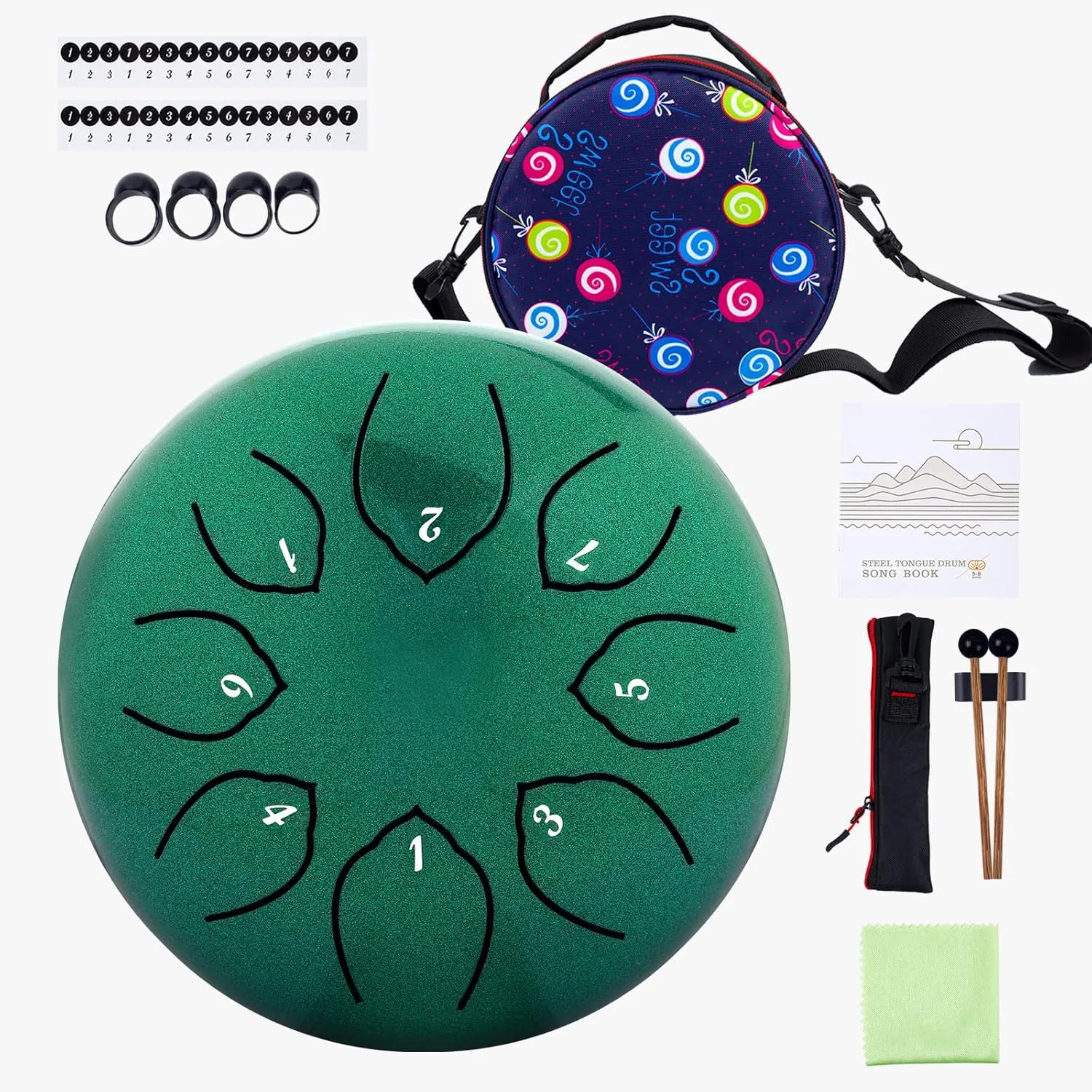 Steel Tongue Drum Kids Instrument: Musical Metal Tank Drums Set 6 Inch 8 Notes C-Key for Meditation Yoga Education Percussion with Bag, Music Book, Mallets, Finger Picks(Green)