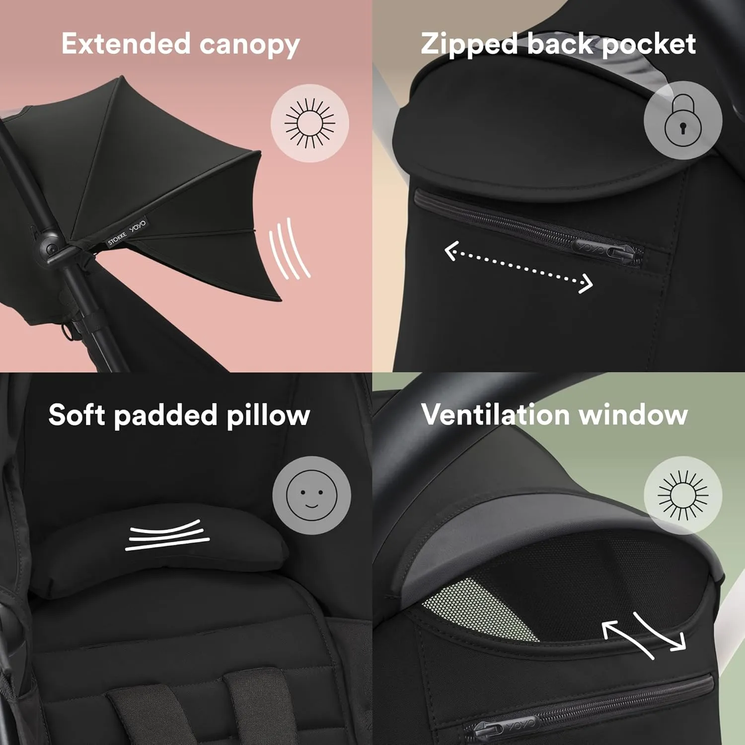 Stokke YOYO 6  Color Pack, Black - Textiles Only: Seat Pad, Extendable Canopy & Zipped Back Pocket - Requires YOYO3 Frame (Sold Separately)