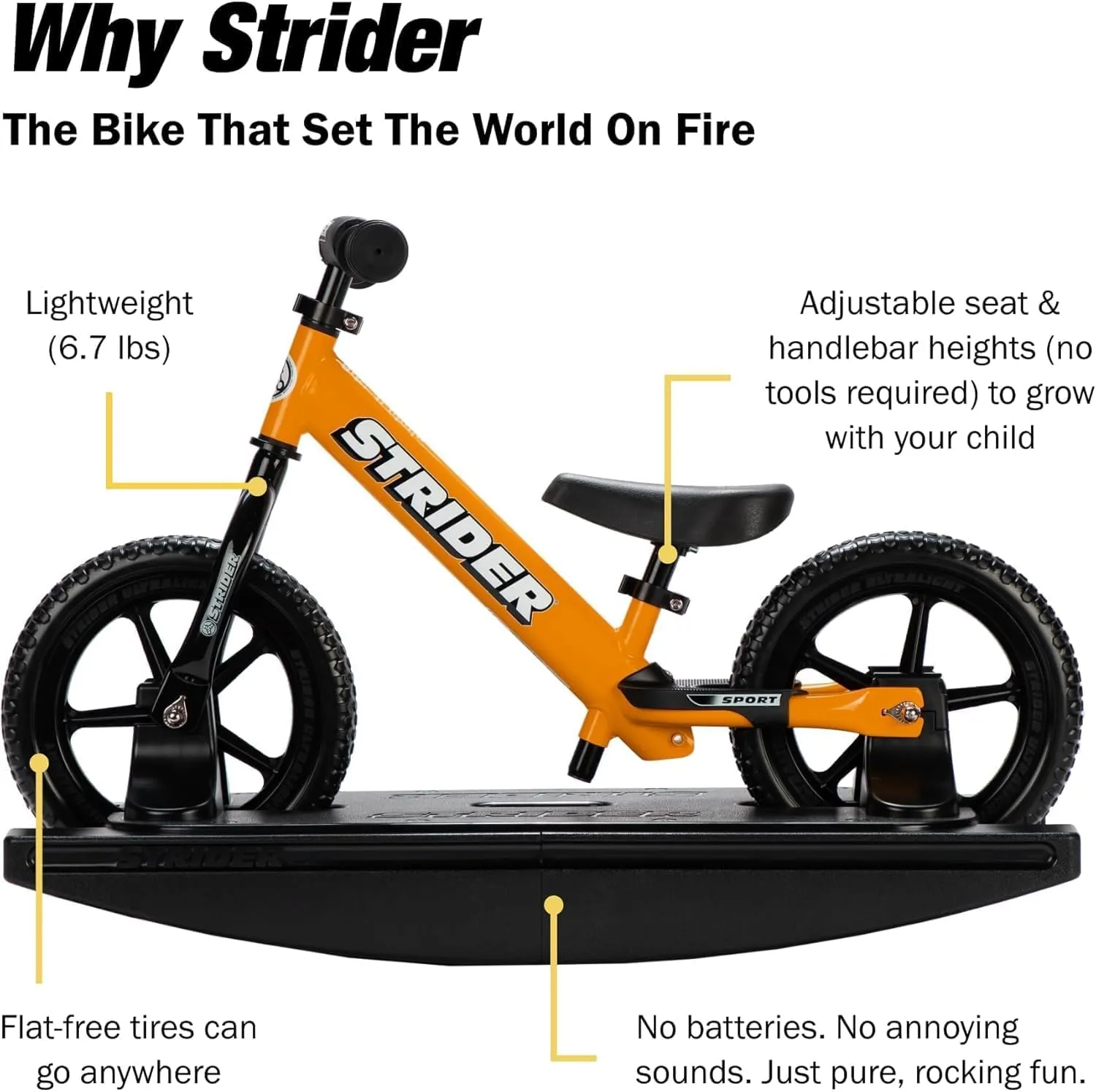 Strider 12” Sport Bike   Rocking Base - Helps Teach Baby How to Ride a Balance Bicycle - for Kids 6 Months to 4 Years - Easy Assembly & Adjustments