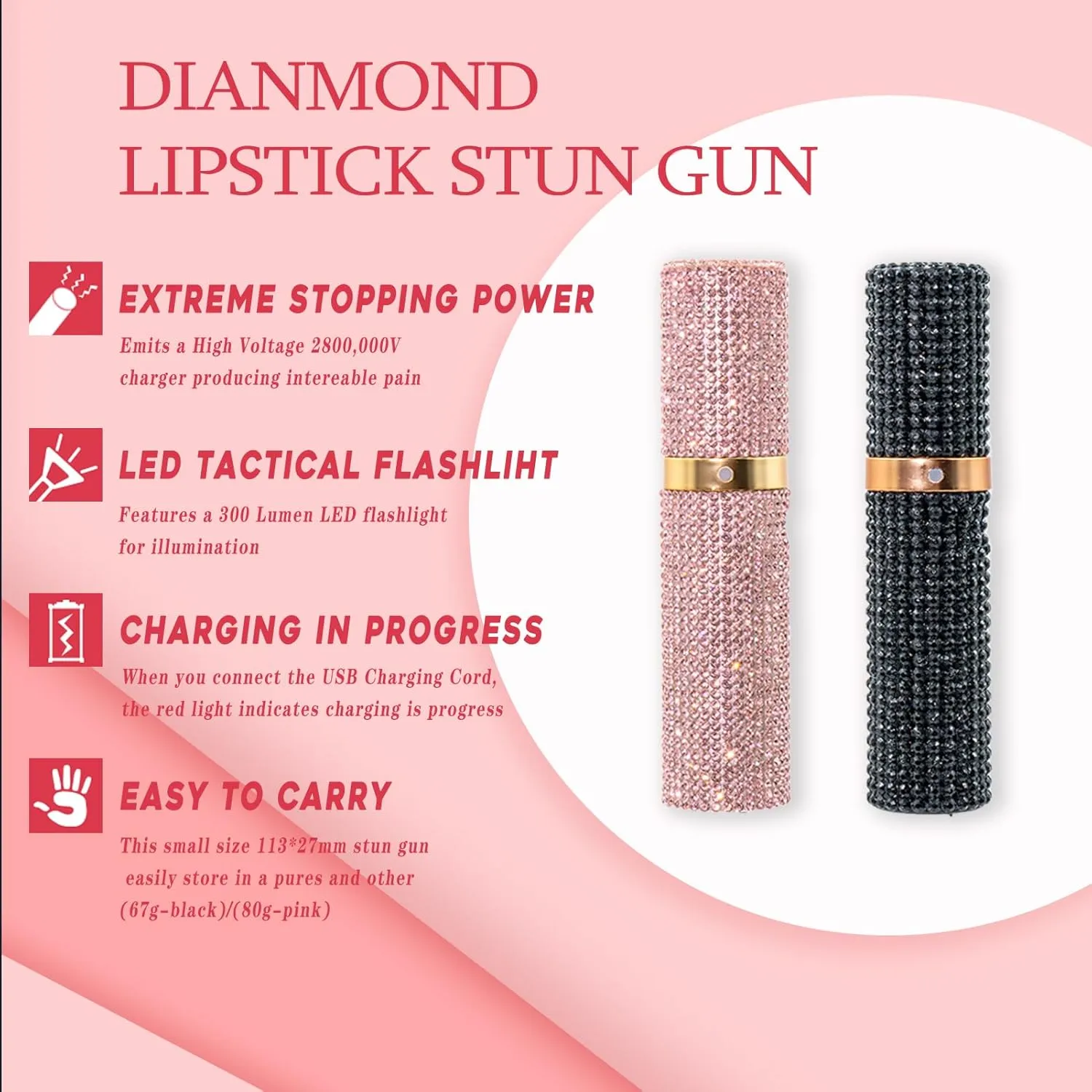 Stun Gun for Women Self Defense-Lipstick Stun Gun Covered in Diamonds,Mini Stun Guns with Keychain and LED Flashlight,Discreet and Powerful Women Self Defense Gun with Rechargeable Battery