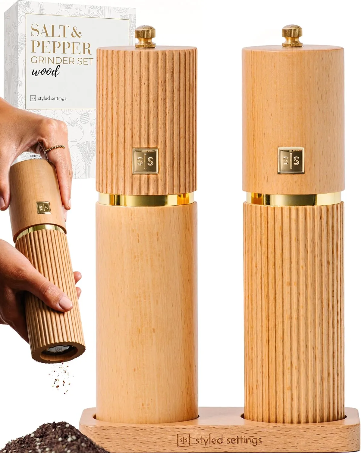 Styled Settings Wooden Salt and Pepper Grinder Set with Gold Accents – Refillable Wooden Manual Salt and Pepper Mill Set with Adjustable Ceramic Mills & Matching Wood Stand - Ideal for Gifting