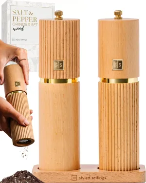 Styled Settings Wooden Salt and Pepper Grinder Set with Gold Accents – Refillable Wooden Manual Salt and Pepper Mill Set with Adjustable Ceramic Mills & Matching Wood Stand - Ideal for Gifting