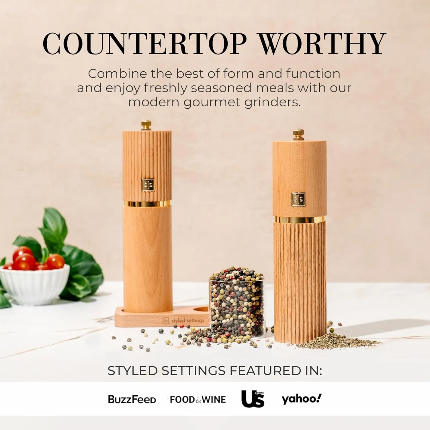 Styled Settings Wooden Salt and Pepper Grinder Set with Gold Accents – Refillable Wooden Manual Salt and Pepper Mill Set with Adjustable Ceramic Mills & Matching Wood Stand - Ideal for Gifting