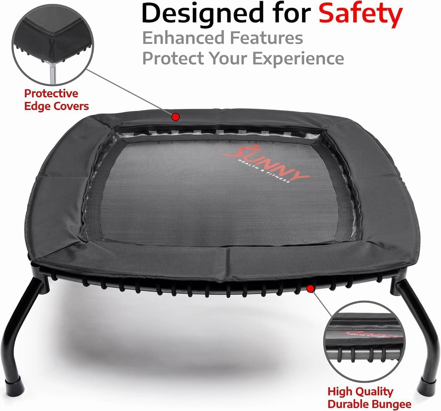 Sunny Health & Fitness Springless Mini Fitness Trampoline – Premium Adjustable Bungee-Style Indoor/Outdoor Exercise Rebounder for Quieter and Safer Workouts
