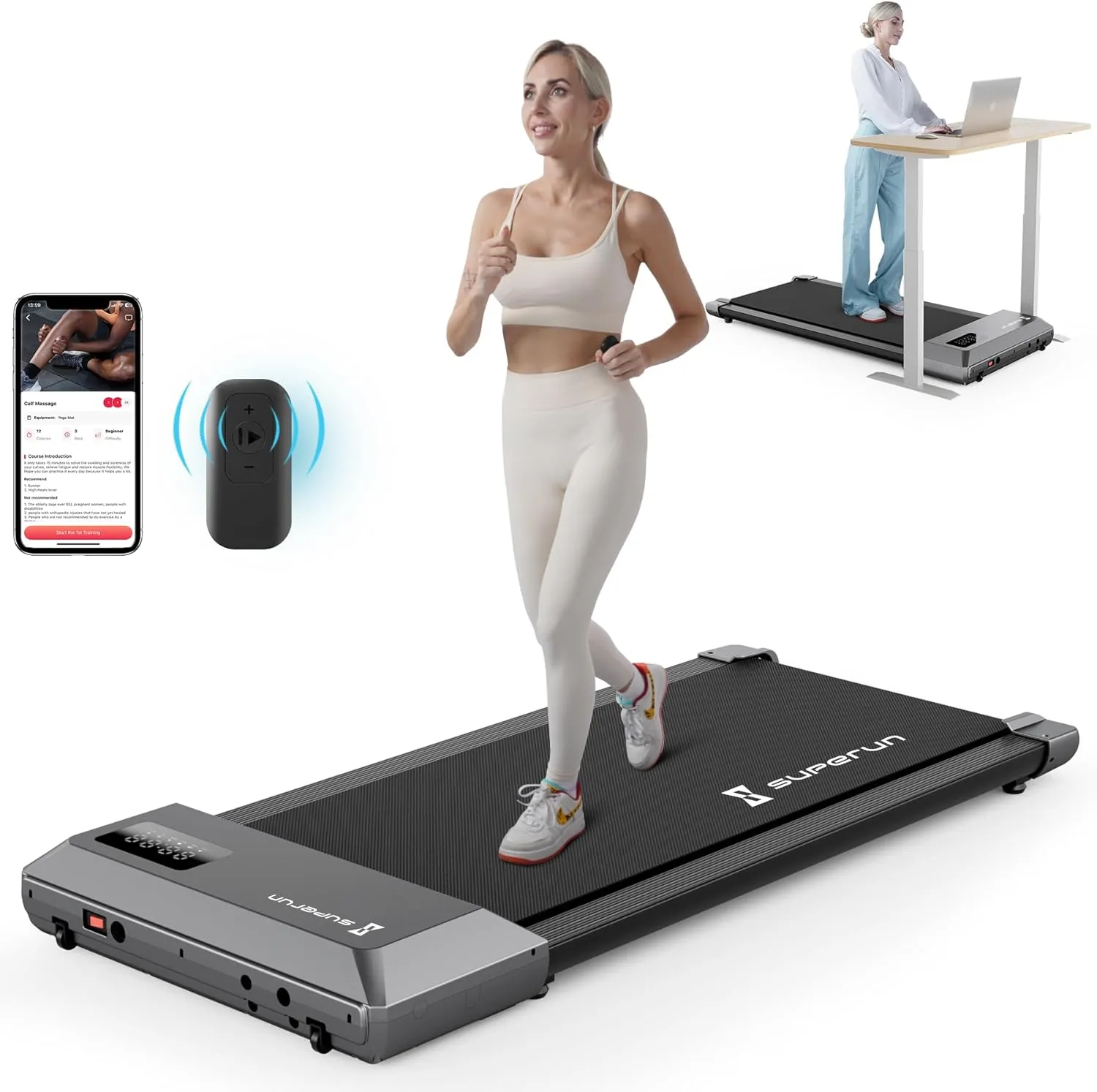 SupeRun Smart Walking Pad Treadmill, Under Desk Treadmill for Home Office, Quiet Portable Walking Pad with 2.2 HP, 250 lbs Capacity