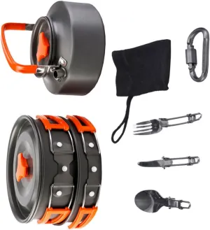 SUPVOX 1Set Portable Camping Cookware Person Durable Cooking Utensils Lightweight Outdoor Teapot Pan for BBQ Hiking and Camping Orange