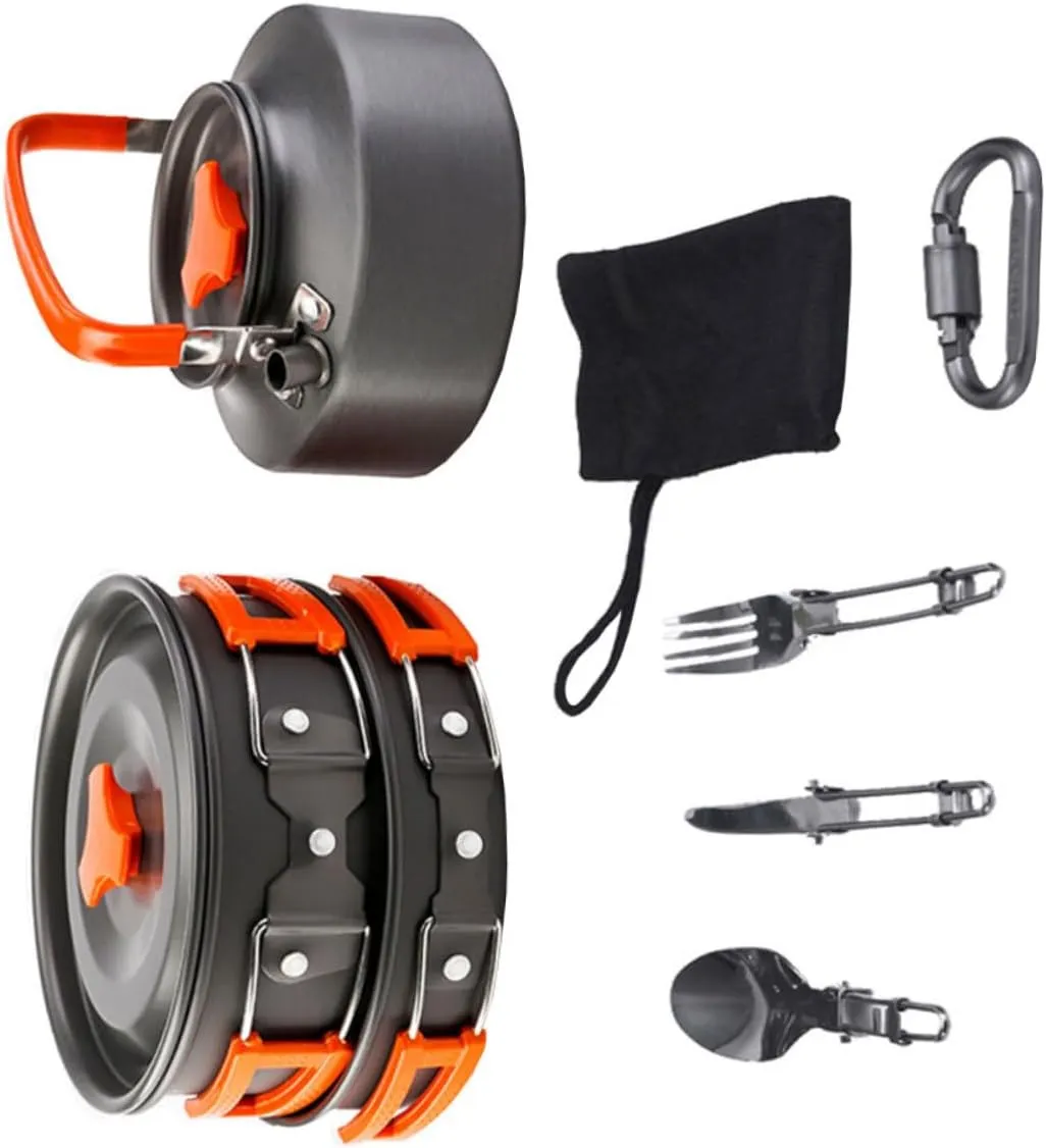 SUPVOX 1Set Portable Camping Cookware Person Durable Cooking Utensils Lightweight Outdoor Teapot Pan for BBQ Hiking and Camping Orange