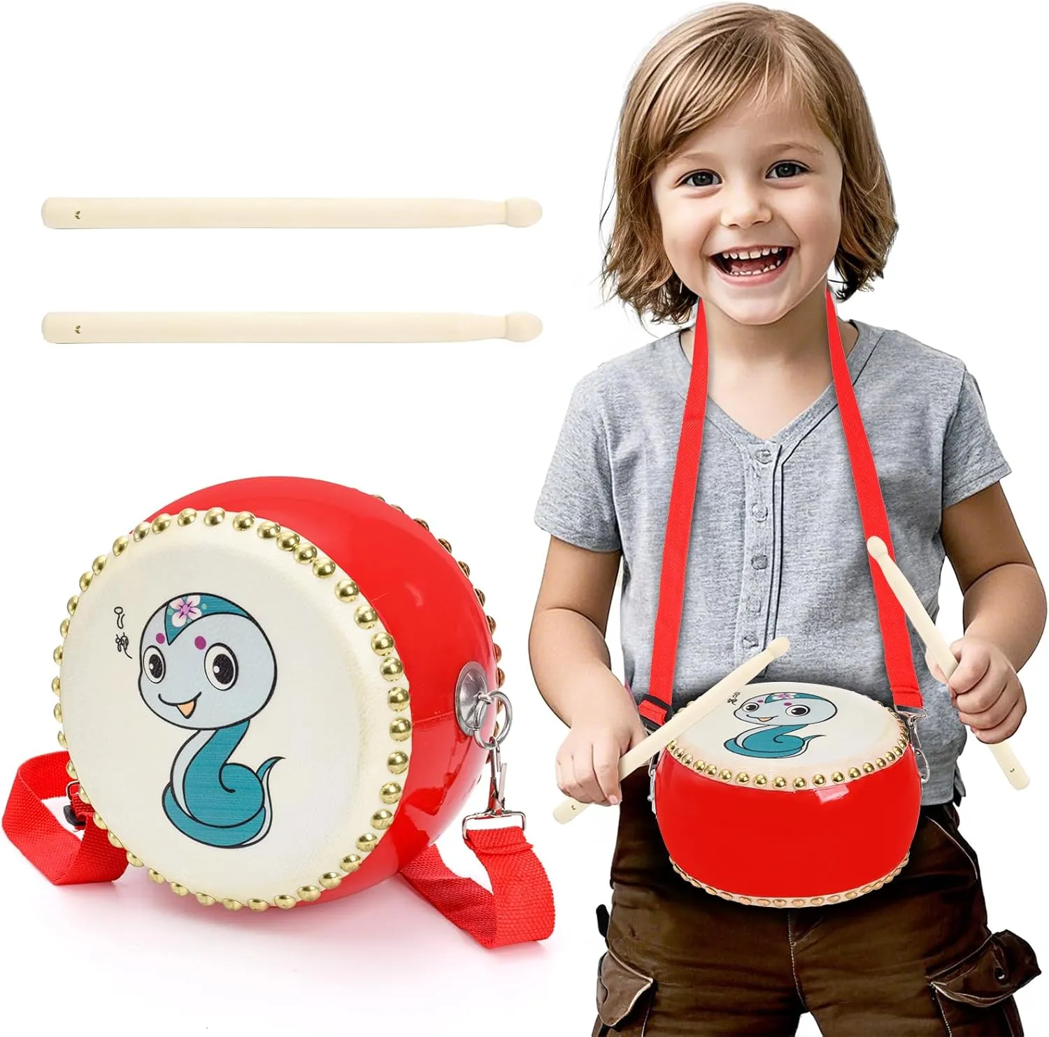 Suwimut Kids Drum Set, 7 Inch Wooden Drum with Adjustable Strap and 2 Drumsticks, Sensory Educational Musical Instrument Drums for Toddler, Kids, Boys, Girls Christmas Birthday Gift