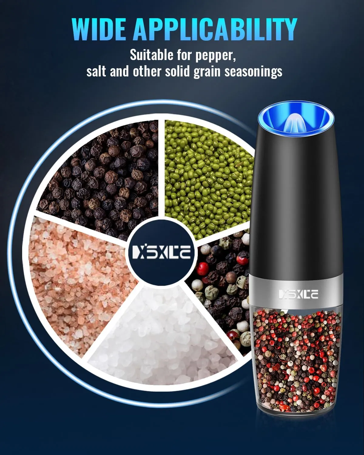 Sweet Alice Gravity Electric Pepper and Salt Grinder Set, Adjustable Coarseness, Battery Powered with LED Light, One Hand Automatic Operation, Stainless Steel Black, 2 Pack