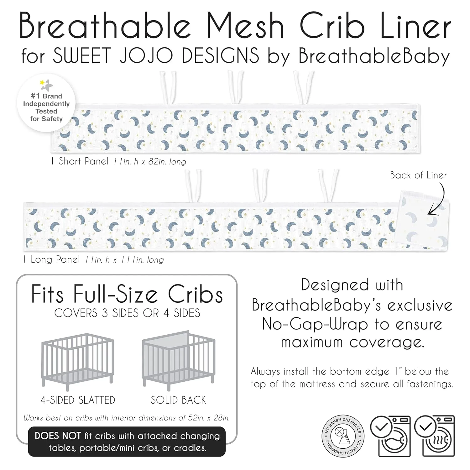 Sweet Jojo Designs   BreathableBaby Moon and Star Boy, Girl, Unisex/Gender Neutral Breathable Mesh Crib Liner Pad Baby and Infant - Navy Blue and Gold Watercolor Celestial Sky Outer Space Galaxy