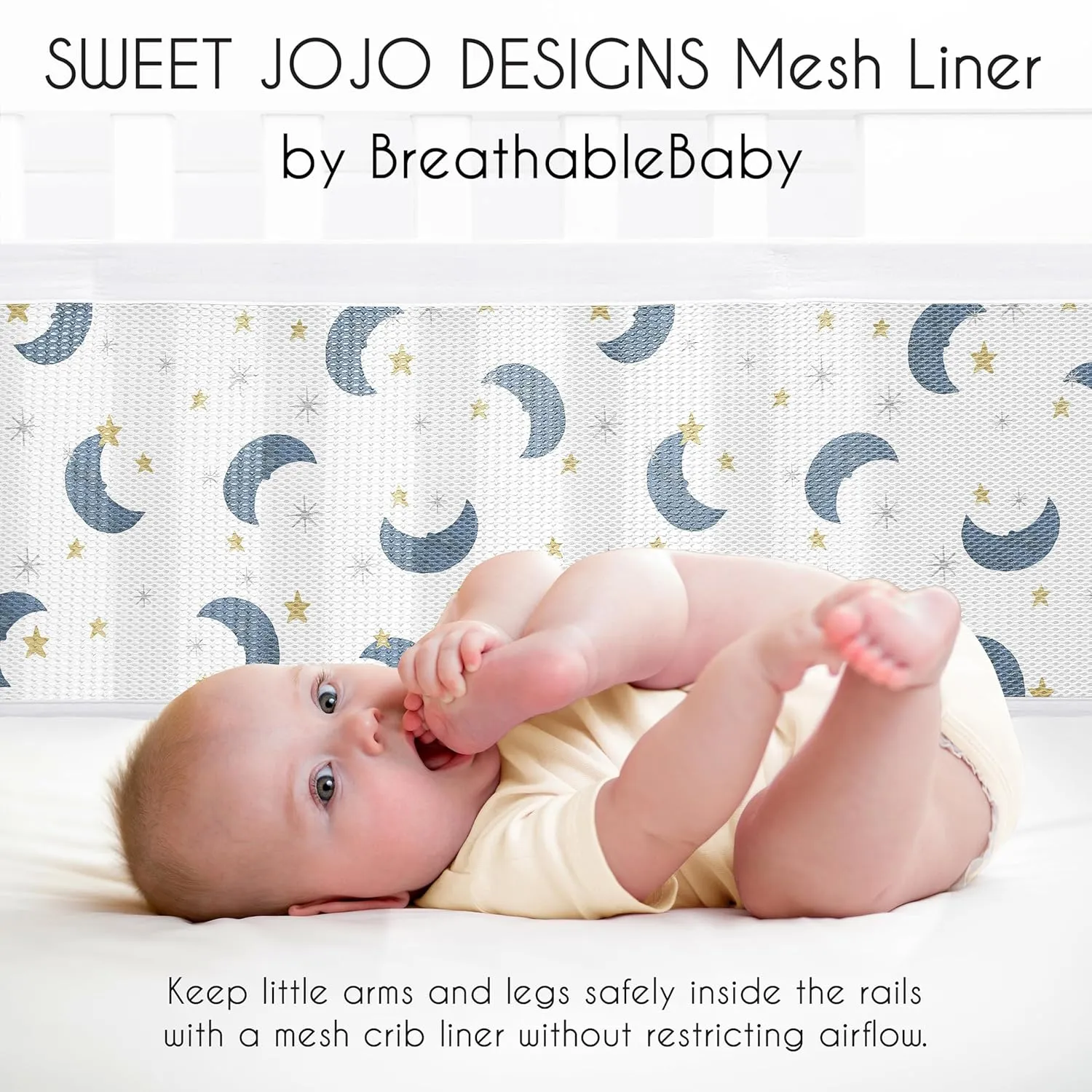 Sweet Jojo Designs   BreathableBaby Moon and Star Boy, Girl, Unisex/Gender Neutral Breathable Mesh Crib Liner Pad Baby and Infant - Navy Blue and Gold Watercolor Celestial Sky Outer Space Galaxy