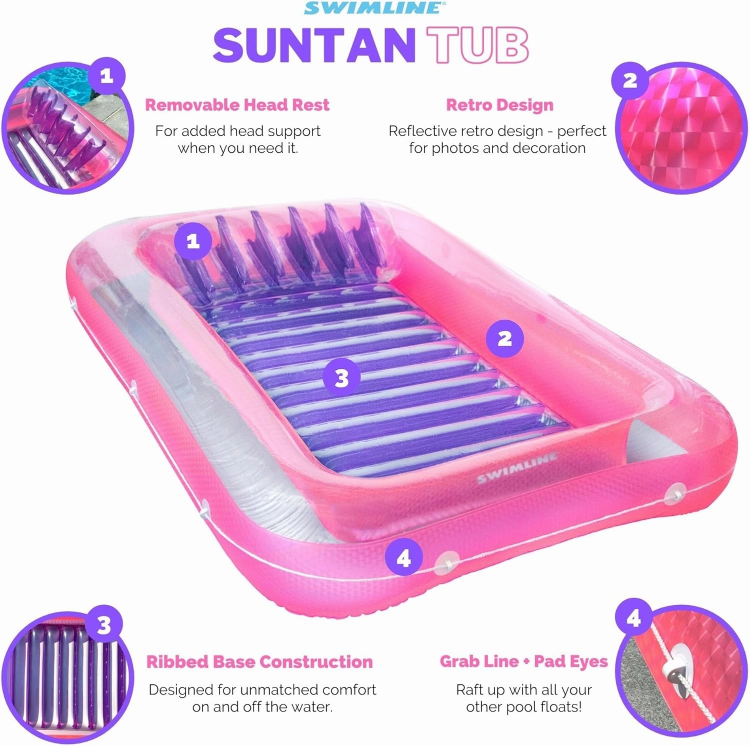 SWIMLINE Original Suntan Tub Series Classic Inflatable Tanning Float Floating Lounge | Personal Tan Pool Hybrid Lounger | Adjustable Pillow | Fill with Water | Reflective Tanning Design