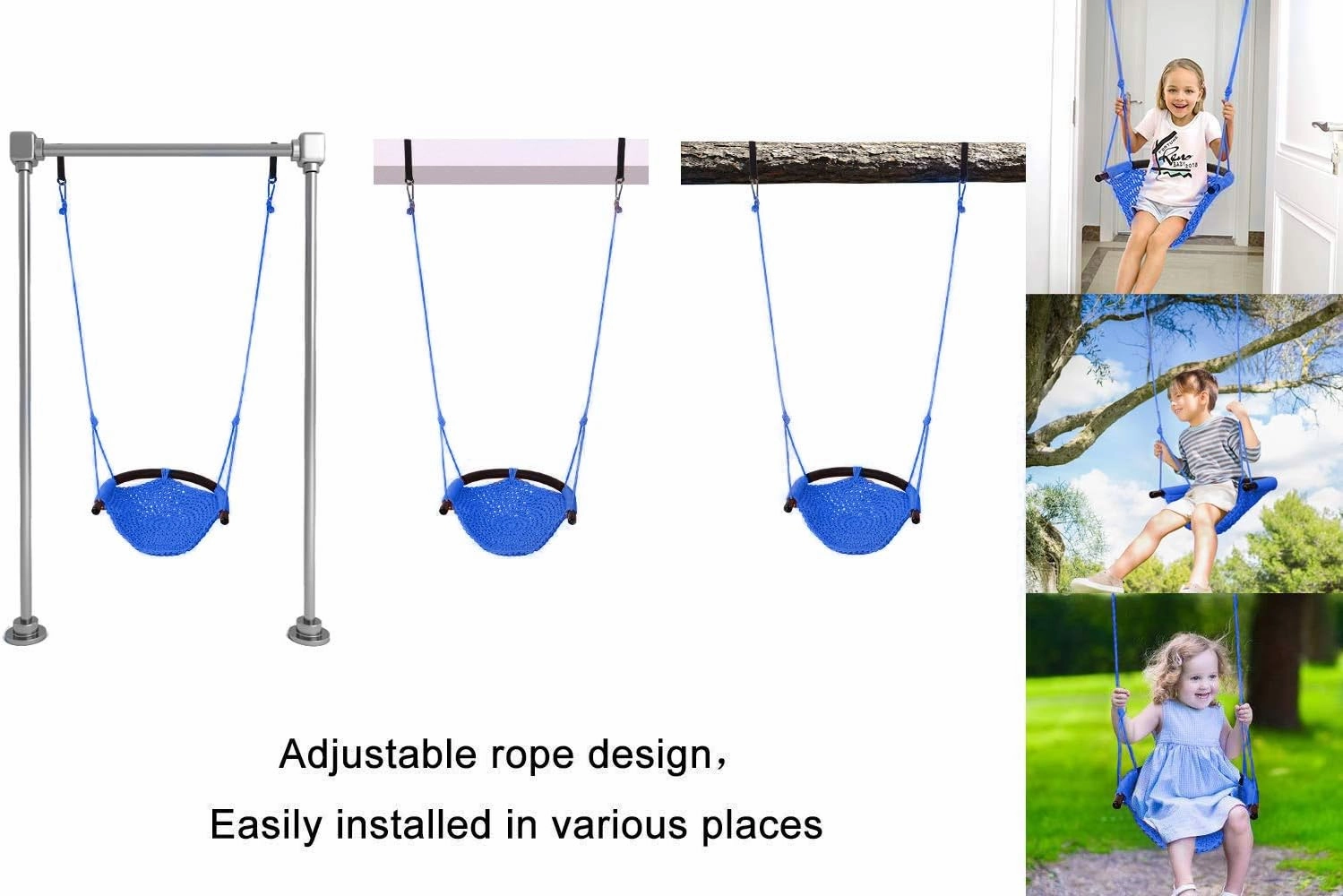 Swing Seat for Kids Heavy Duty Rope Play Secure Children Swing Set,Perfect for Indoor,Outdoor,Playground,Home,Tree,with Snap Hooks and Swing Straps,440 lbs Capacity,Blue