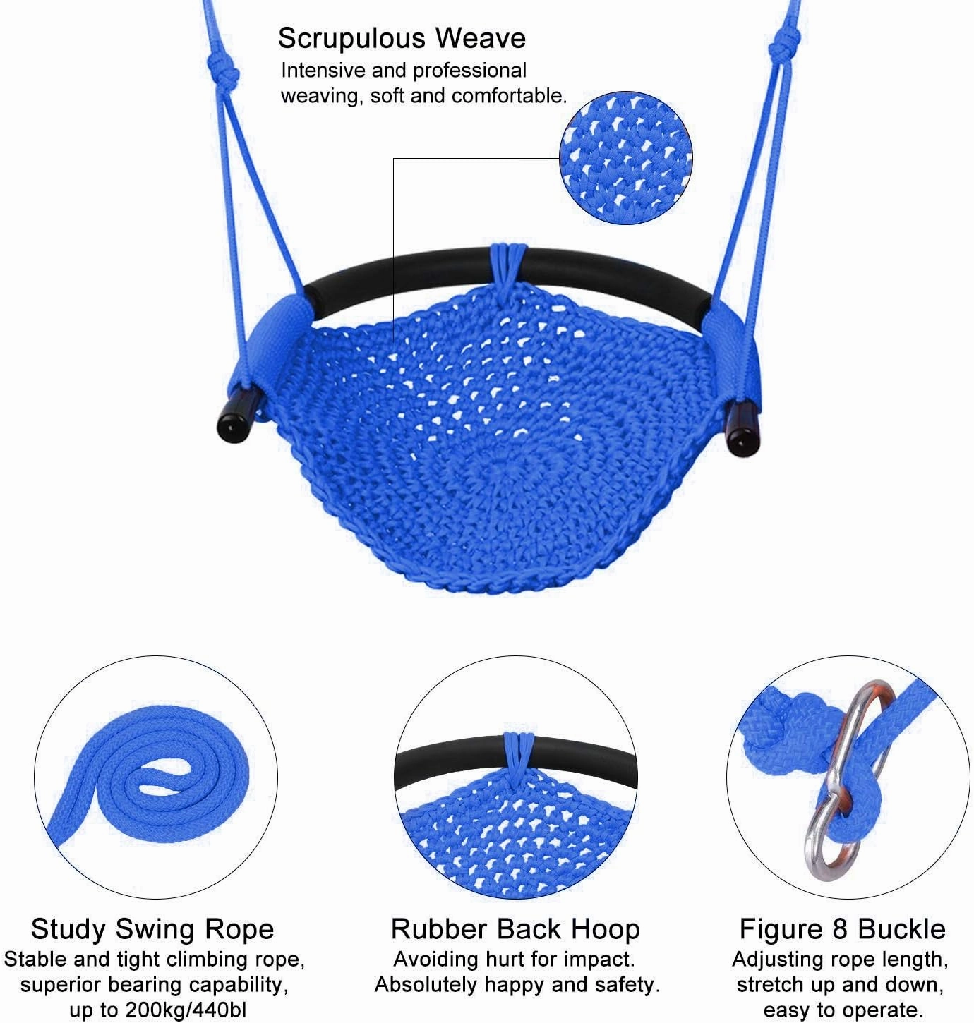Swing Seat for Kids Heavy Duty Rope Play Secure Children Swing Set,Perfect for Indoor,Outdoor,Playground,Home,Tree,with Snap Hooks and Swing Straps,440 lbs Capacity,Blue