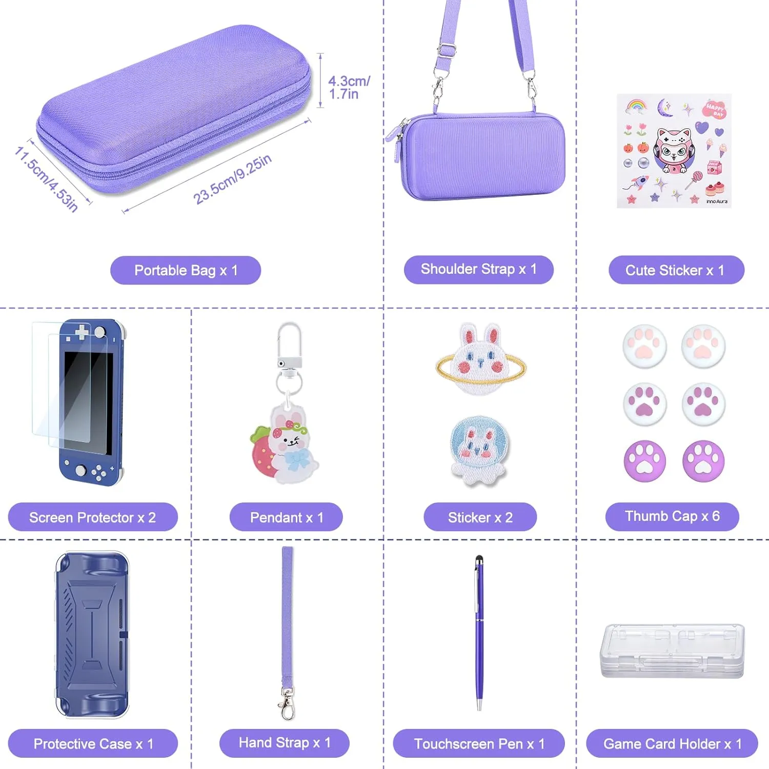 Switch Lite Case - innoAura 18 in 1 Switch Lite Accessories Bundle with Switch Lite Carrying Case, Switch Game Case, Switch Lite Screen Protector, Switch Thumb Grips (Purple)