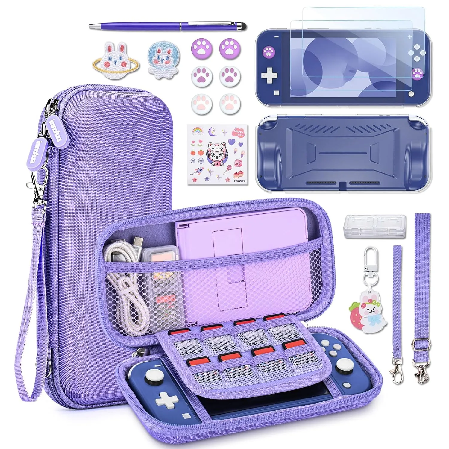 Switch Lite Case - innoAura 18 in 1 Switch Lite Accessories Bundle with Switch Lite Carrying Case, Switch Game Case, Switch Lite Screen Protector, Switch Thumb Grips (Purple)