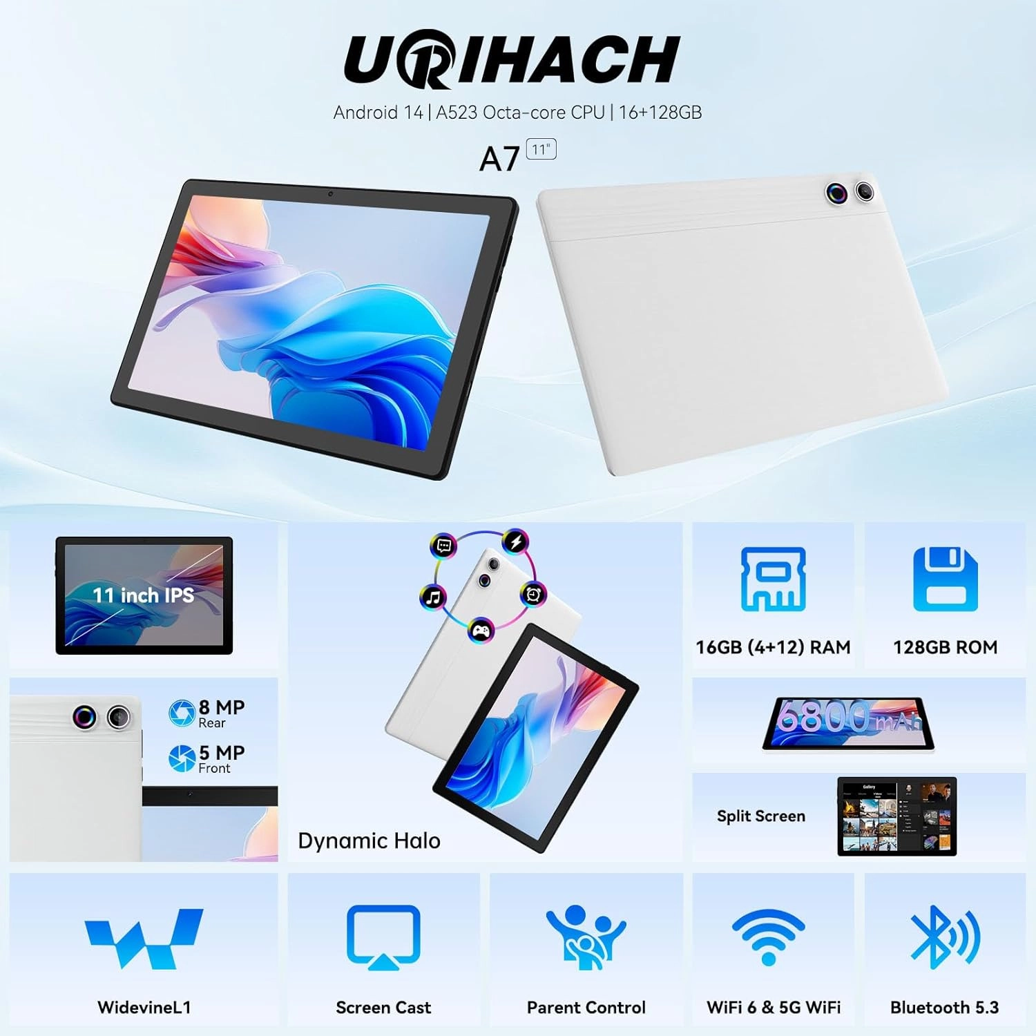 Tablet, Android Tablet, 16GB RAM 128GB ROM 1TB Expansion, 8-Core Processor, Android 14, 11 inch 1280x800 FHD Touch Screen, Widevine L1, Dynamic Halo, Dual Camera, WiFi6,BT5.3, 6800mAh Battery