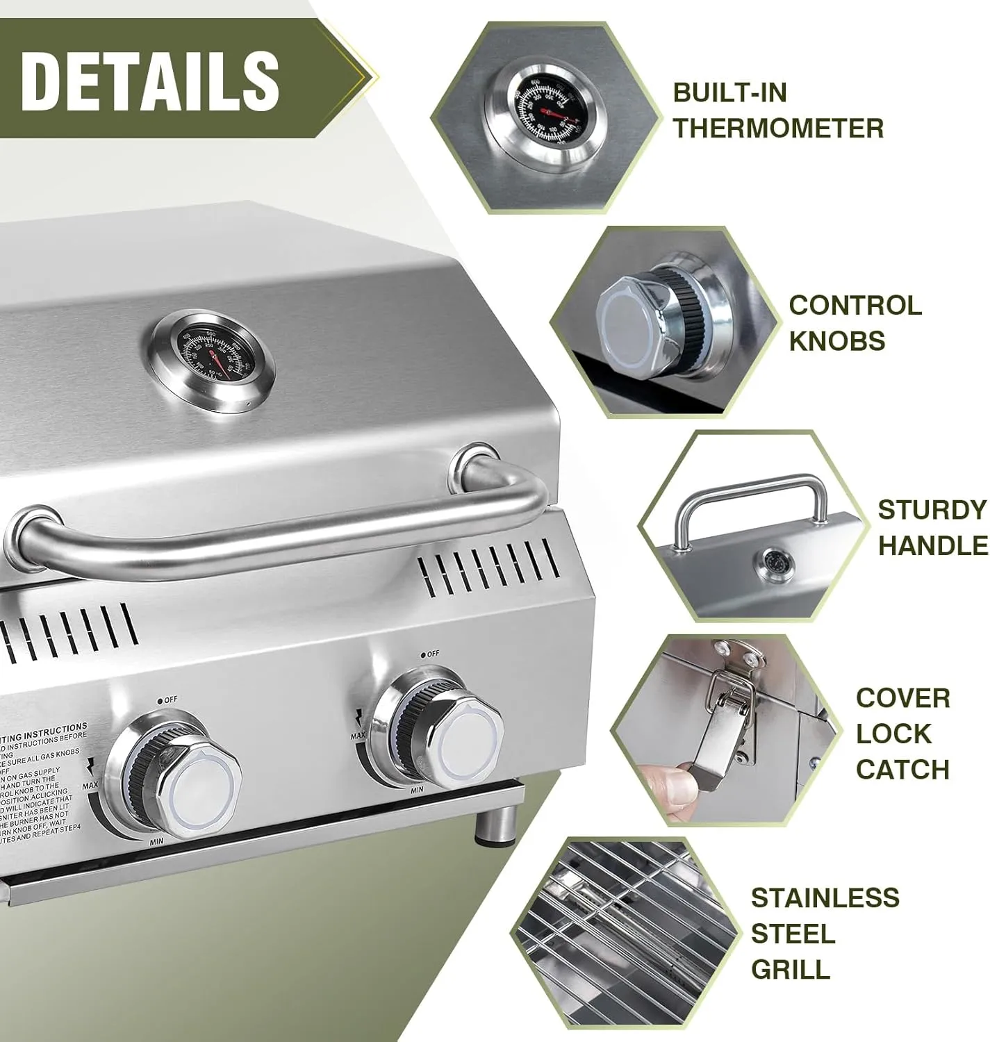 Tabletop Gas Grill 2 Burners, 20,000 BTUs Stainless Steel Portable Propane Grill with Legs for Outdoor Patio Backyard Camping, Tailgating, and RV Trips