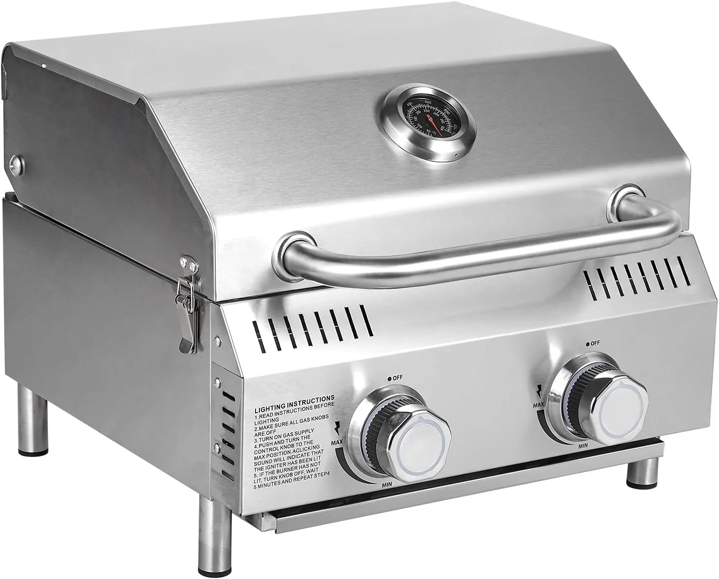 Tabletop Gas Grill 2 Burners, 20,000 BTUs Stainless Steel Portable Propane Grill with Legs for Outdoor Patio Backyard Camping, Tailgating, and RV Trips