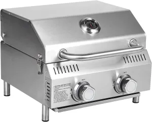 Tabletop Gas Grill 2 Burners, 20,000 BTUs Stainless Steel Portable Propane Grill with Legs for Outdoor Patio Backyard Camping, Tailgating, and RV Trips