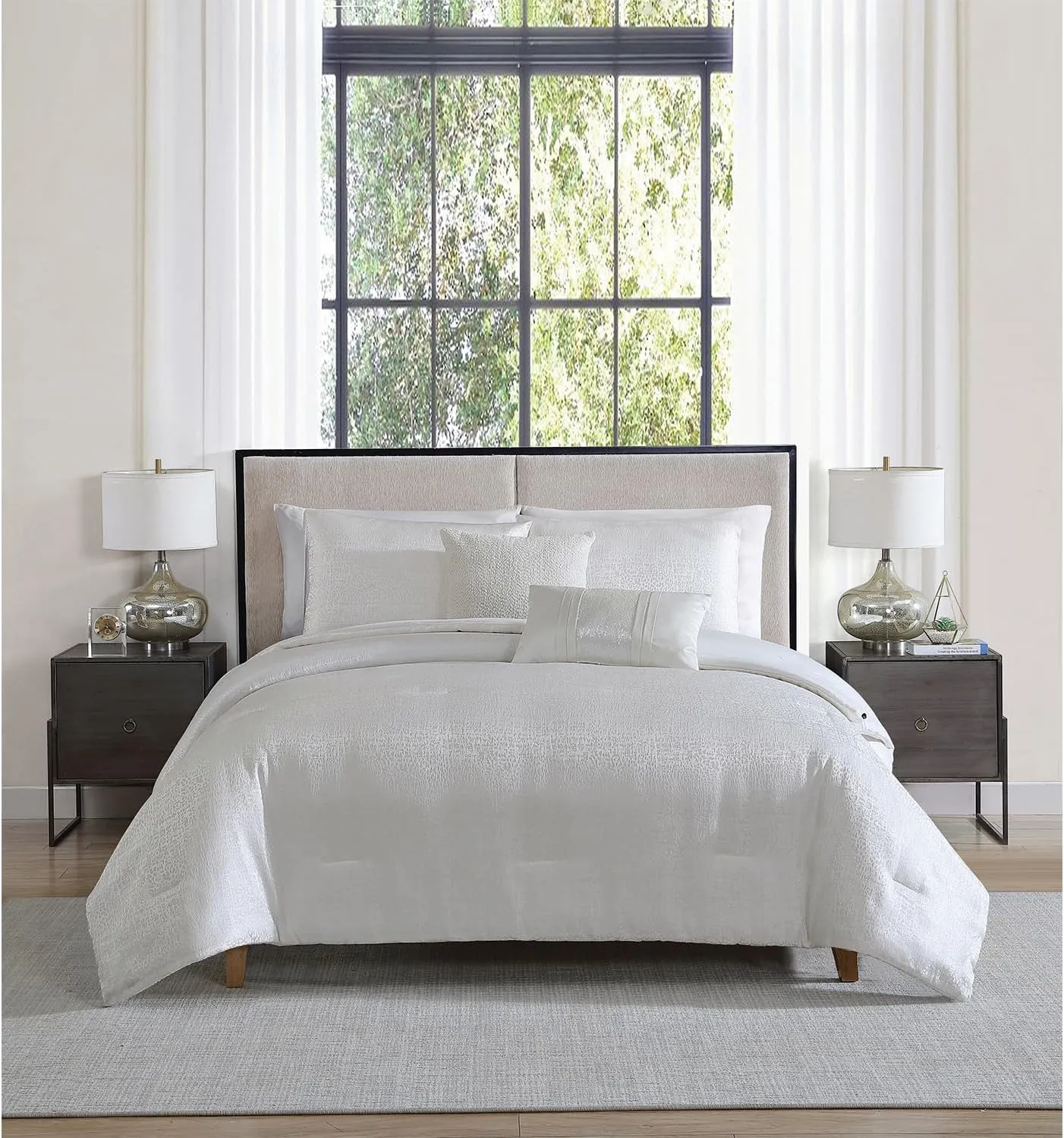 Tahari Home - Comforter Set, Jacquard 5-Piece Bedding with Matching Shams & Decorative Pillows, Ideal for All Seasons (Sterling Bright White, King)