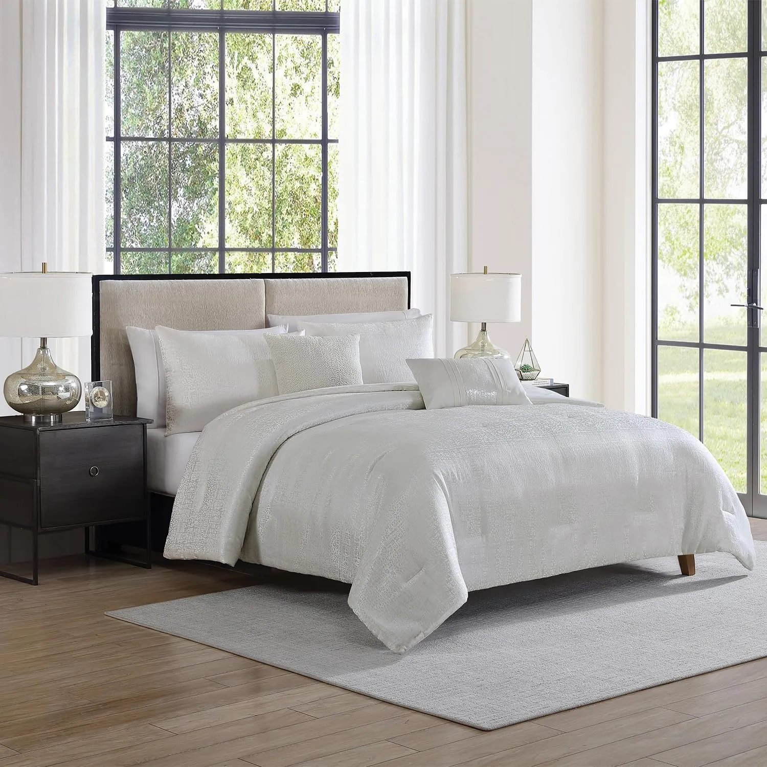 Tahari Home - Comforter Set, Jacquard 5-Piece Bedding with Matching Shams & Decorative Pillows, Ideal for All Seasons (Sterling Bright White, King)