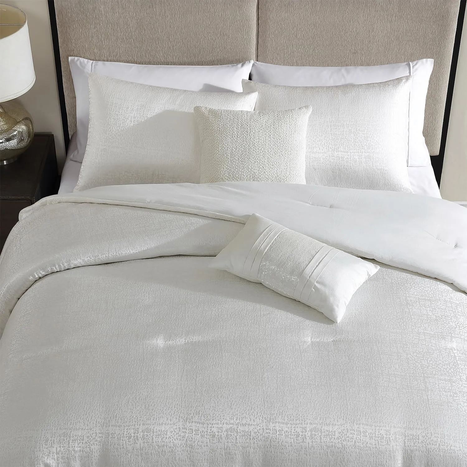 Tahari Home - Comforter Set, Jacquard 5-Piece Bedding with Matching Shams & Decorative Pillows, Ideal for All Seasons (Sterling Bright White, King)