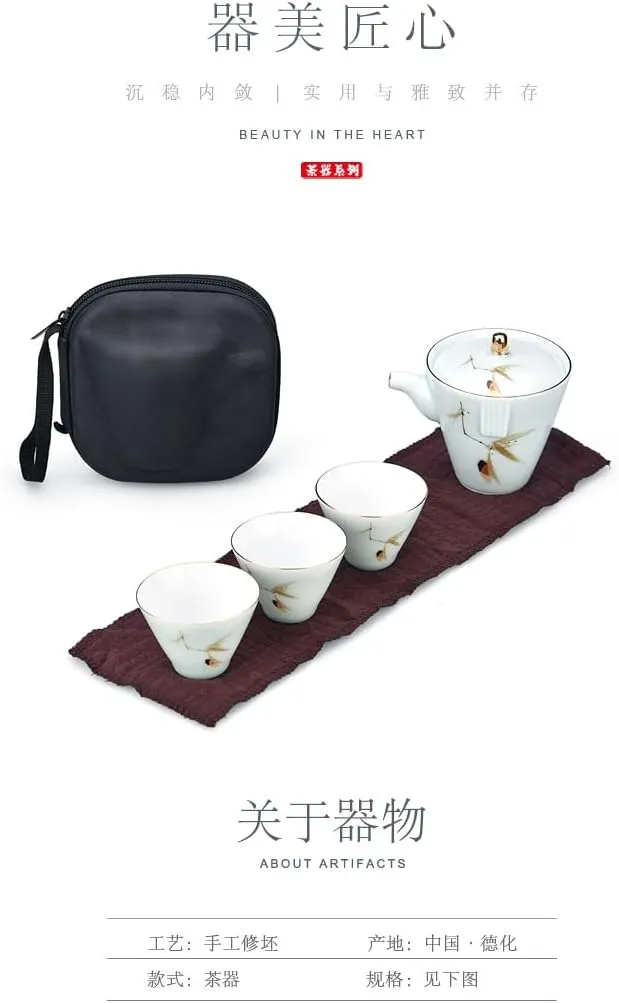 Teapot,Pottery Small Teapot,White Porcelain Hand Grab Pot Travel Tea Set Portable Leather Bag Office One Pot Three Cups (HH) (Size : LH)