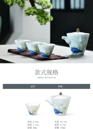 Teapot,Pottery Small Teapot,White Porcelain Hand Grab Pot Travel Tea Set Portable Leather Bag Office One Pot Three Cups (HH) (Size : LH)