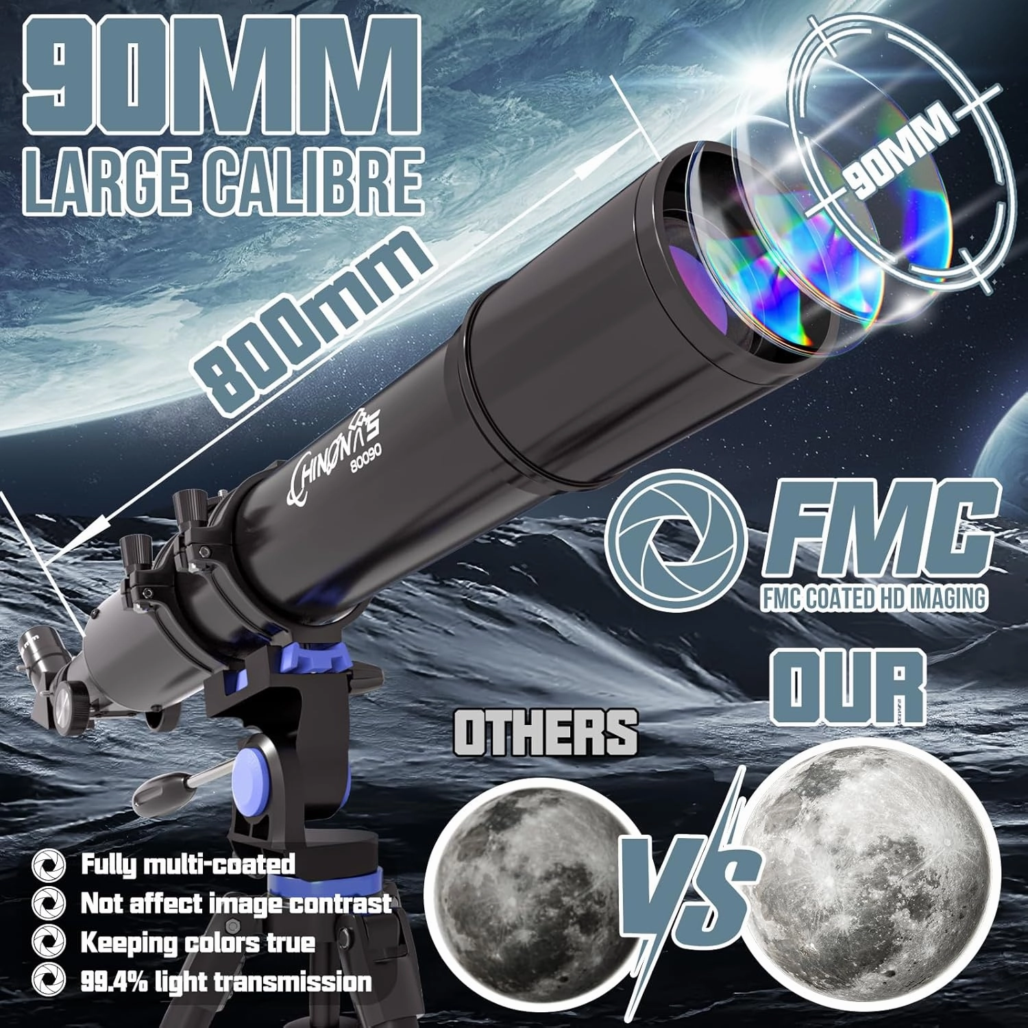 Telescope, 90mm Aperture 800mm Telescopes for Adults Astronomy High Powered,Multi-Coated Portable Professional Refractor Telescopes for Kids & Beginners with Phone Adapter,Travel Carry Bag（Black