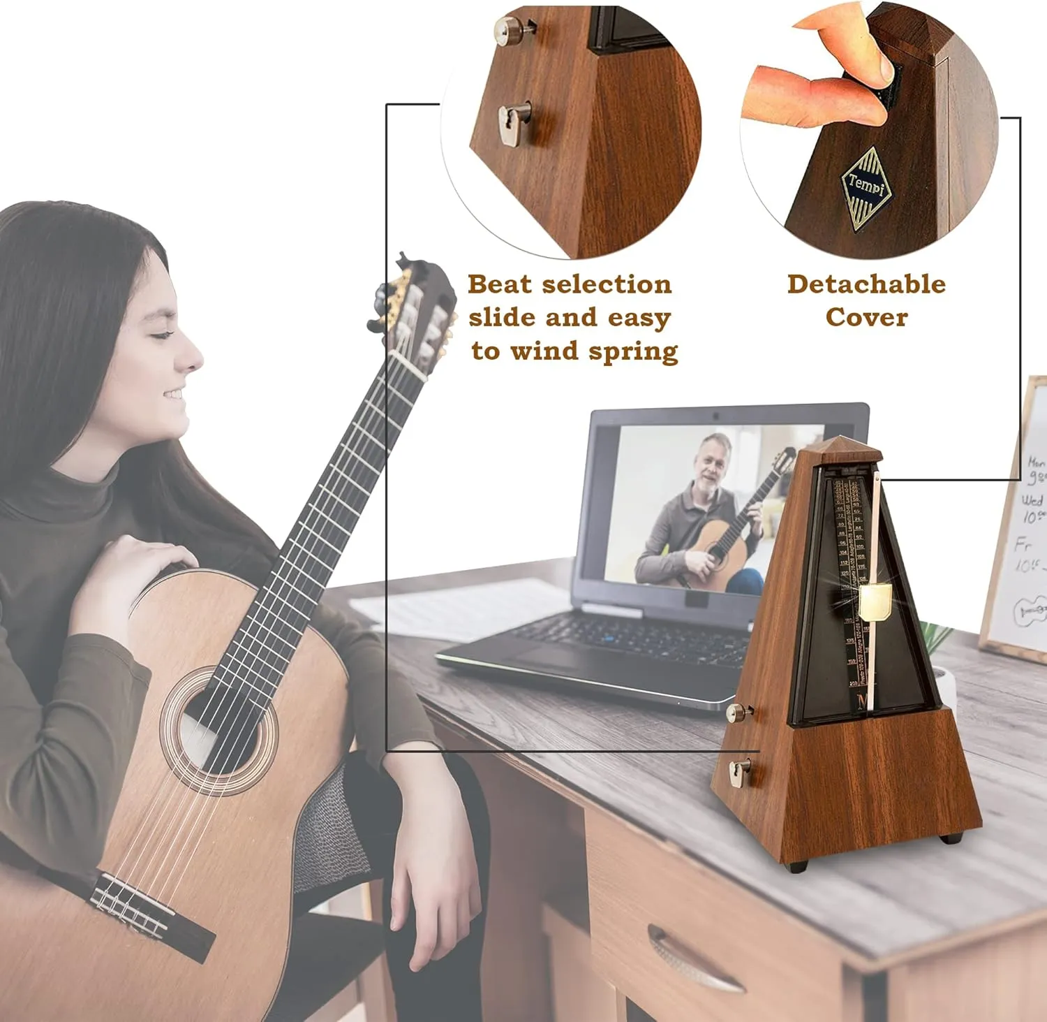 Tempi Metronome for Musicians - Mechanical Metronome for Piano, Metronome for Guitar/Violin or Metronome Music for Adults and Kids (Plastic Brown Grain Veneer)