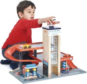 Tender Leaf Toys - Blue Bird Service Station - Classic Wooden Garage and Service Station for Cars and Helicopter with Ramps, Petrol Pumps and Car Wash Center - Imaginary and Roleplay for Children 3 