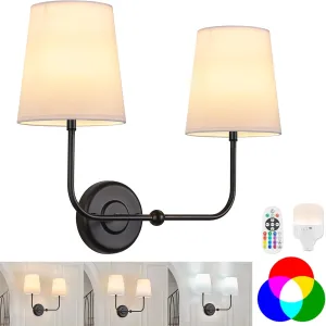 TERLEENART Battery Operated Double Wall Sconce, Wireless Rechargeable Battery Powered 2-Lights Fabric Sconces with Remote Control,Dimmable Sconce Wall Decor Lights for Vanity,Bedroom, Living Room