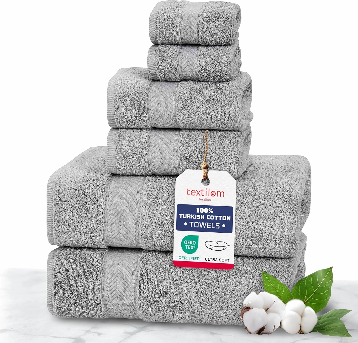 TEXTILOM 100% Turkish Cotton 6 Pcs Bath Towel Set, Luxury Bath Towels for Bathroom, Soft & Absorbent Bathroom Towels Set (2 Bathtowels, 2 Hand Towels, 2 Washcloths)- Grey