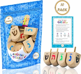 The Dreidel Company Hanukkah 10 Extra Large Hand Painted 3" Inch Wooden Dreidels - Includes Game Instruction Cards- (10-Pack XL)