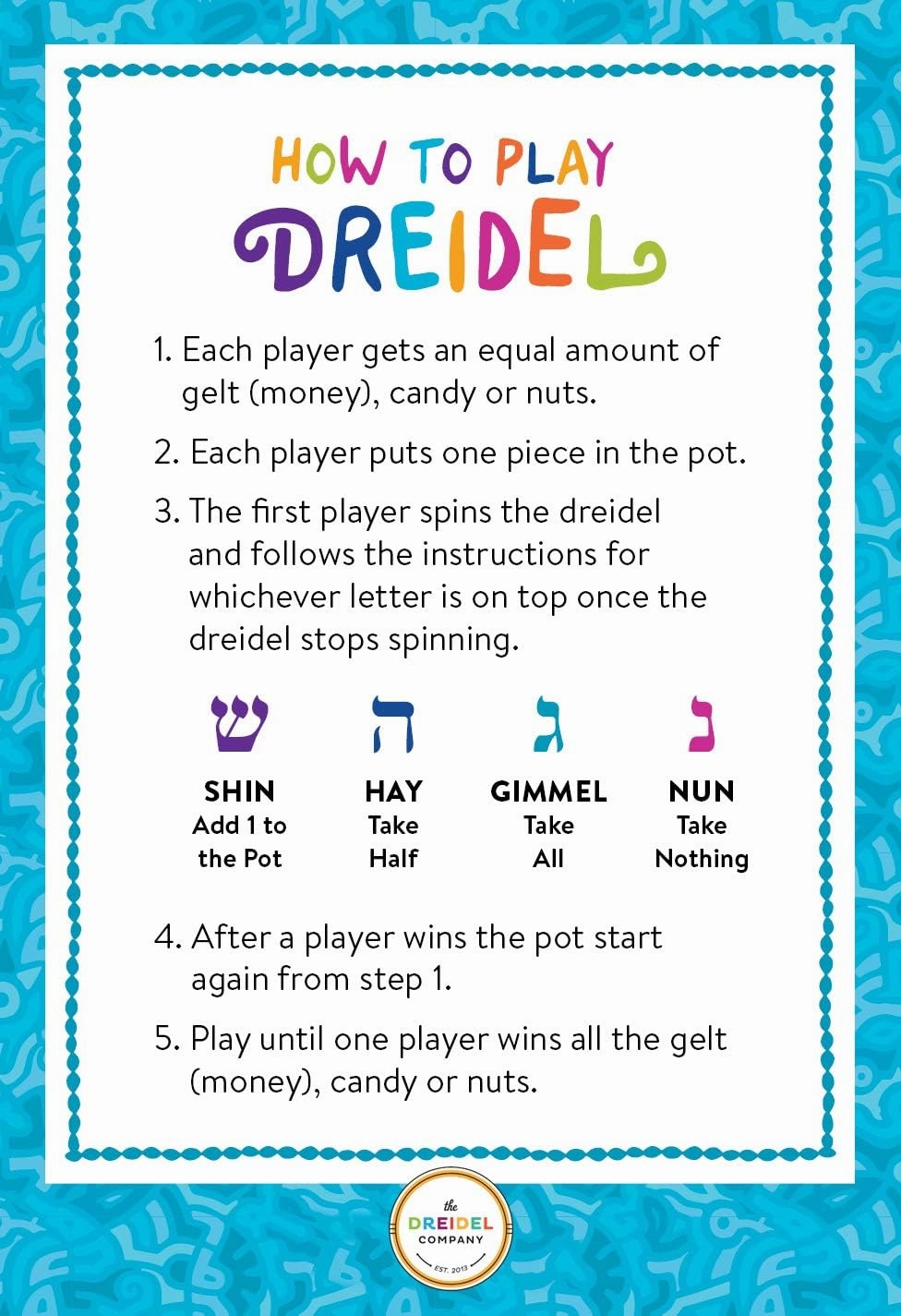 The Dreidel Company Hanukkah 10 Extra Large Hand Painted 3" Inch Wooden Dreidels - Includes Game Instruction Cards- (10-Pack XL)