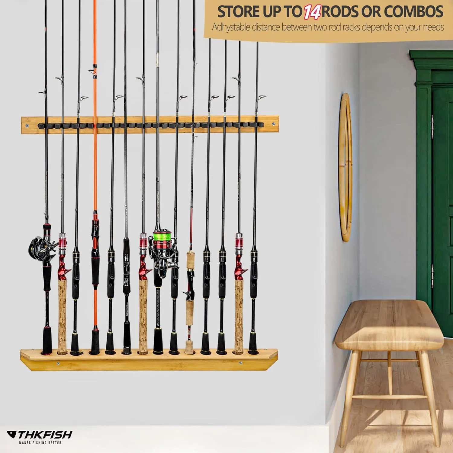 THKFISH Fishing Rod Racks Fishing Rod Holders for Garage Wood Fishing Pole Wall Rack Store 7/6 Fishing Rod Combos,Baitcasting Spinning Reels Rod Storage