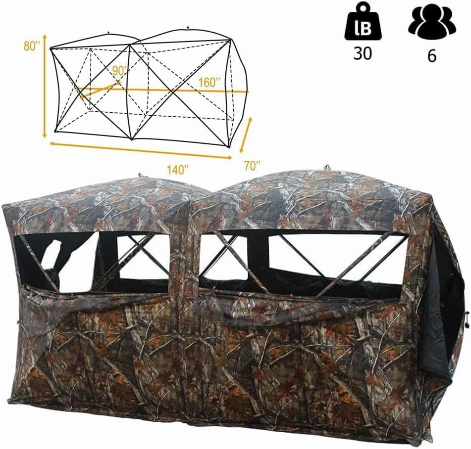 THUNDERBAY Bunkhouse Pop Up Portable 6 Person Side-by-Side Hunting Blind, Footprint: 140"x70" with 80" Height