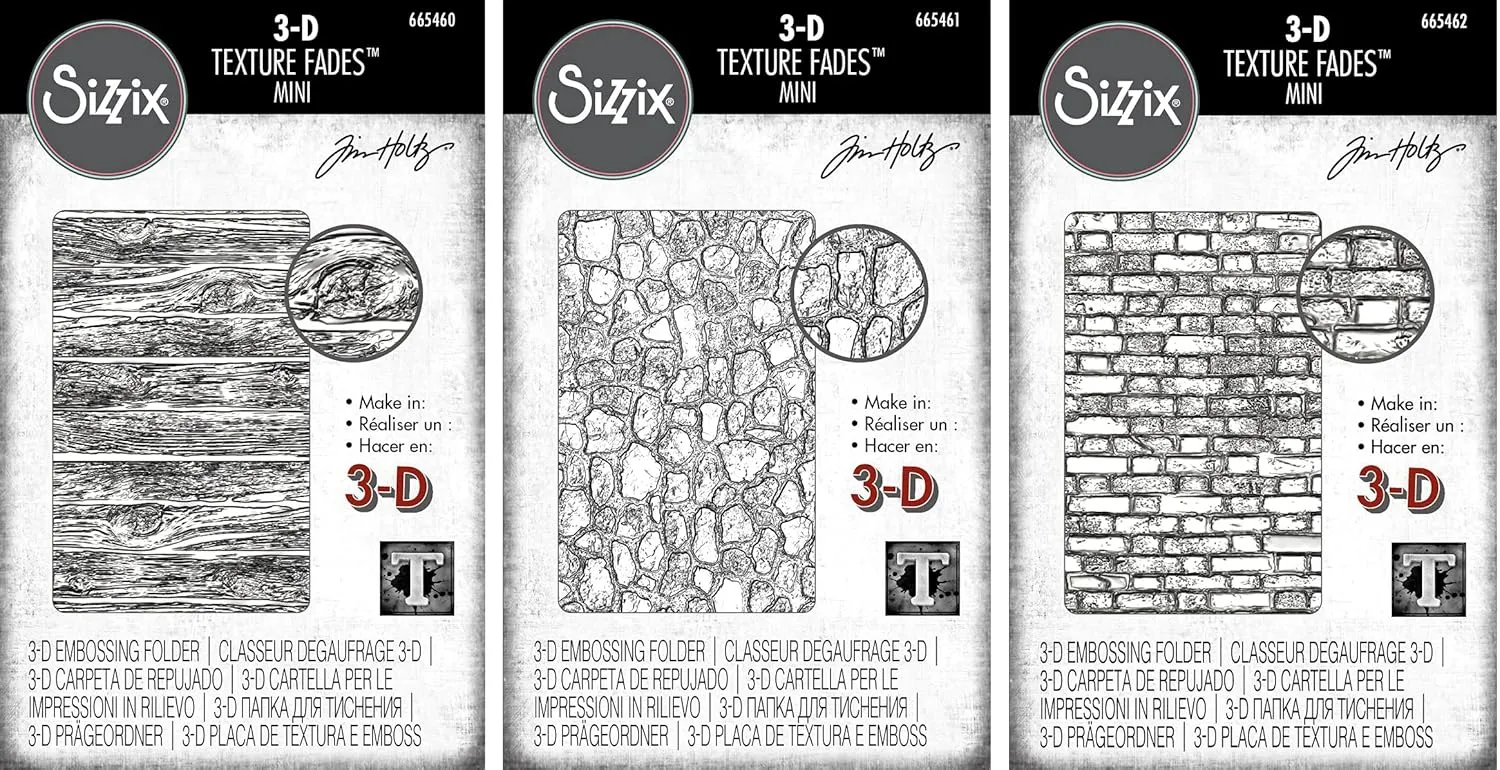Tim Holtz Sizzix 3D Texture Fades Embossing Folders - Mini Lumber, Mini Cobblestone and Mini Brickwork - 3 Item Bundle