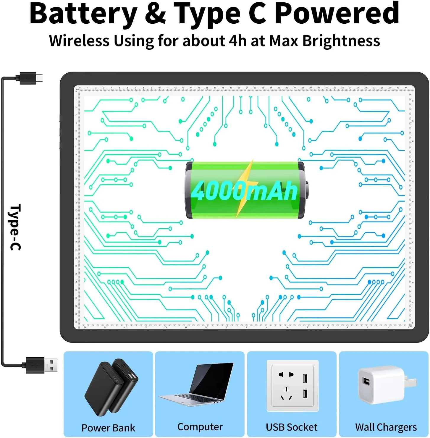 TOHETO Rechargeable A3 Light Pad for Diamond Painting, Ultra Bright Tracing Light Box for Drawing, Wireless Lightbox for Tracing and Drawing, Cordless Diamond Art Light Board for Sketching (Black)