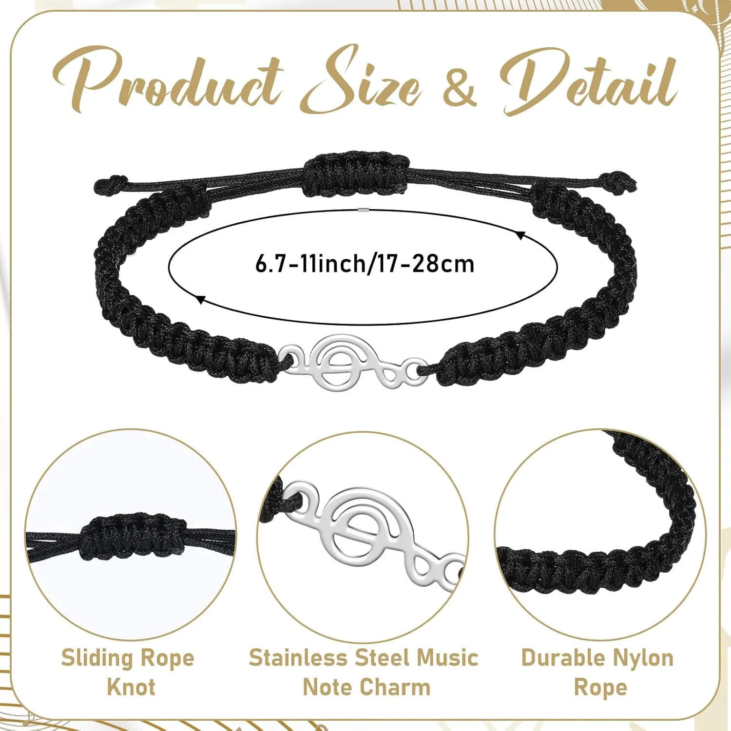 Tondiamo Music Note Bracelets Musical Charm Black Braid Rope Bracelets for Party Favors Cheerleading Gifts Accessories