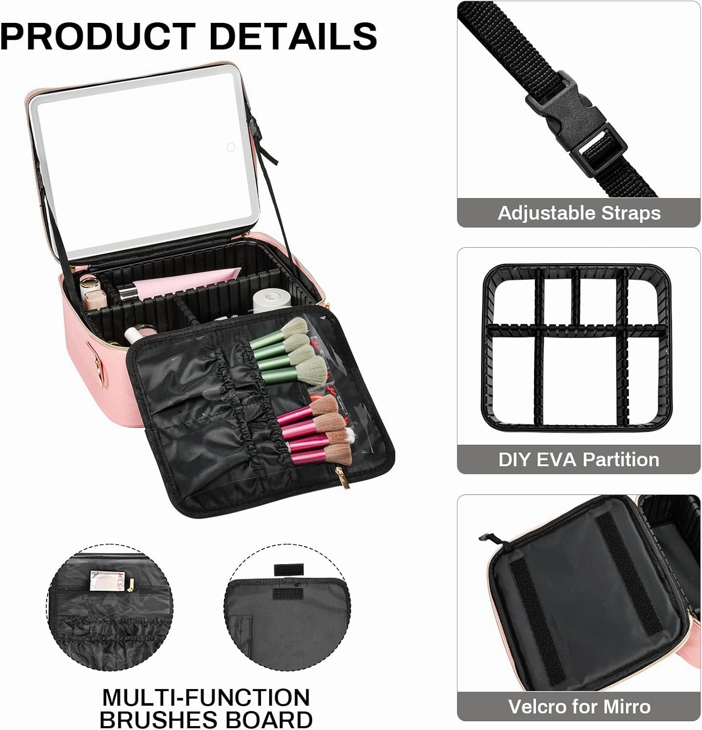 TOPACK Travel Makeup Bag makeup Bag with Mirror and Light Portable Makeup Artist Organizer Bag with Adjustable Dividers Cosmetic Bags for Women,Pink