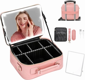 TOPACK Travel Makeup Bag makeup Bag with Mirror and Light Portable Makeup Artist Organizer Bag with Adjustable Dividers Cosmetic Bags for Women,Pink