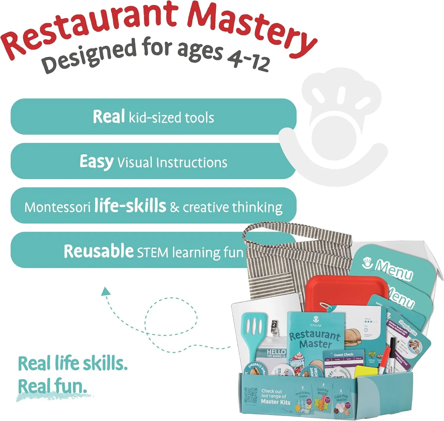 Tovla Jr. Real Restaurant Cooking Set for Kids | Montessori-Inspired STEM Kit for Ages 4  | Hands-On Cooking Tools, Visual Recipe Cards, Educational Gift for Aspiring Chefs