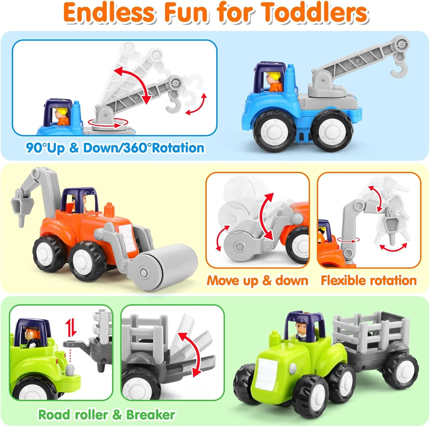 Toy Cars for 1 Year Old Boy, Inertia Toy Trucks, Early Educational Boy Toys Baby Toys 12-18 Months, Push and Go Cars Gifts for 1 Year Old Boys, Construction Vehicles Toddler Toys 4PCS