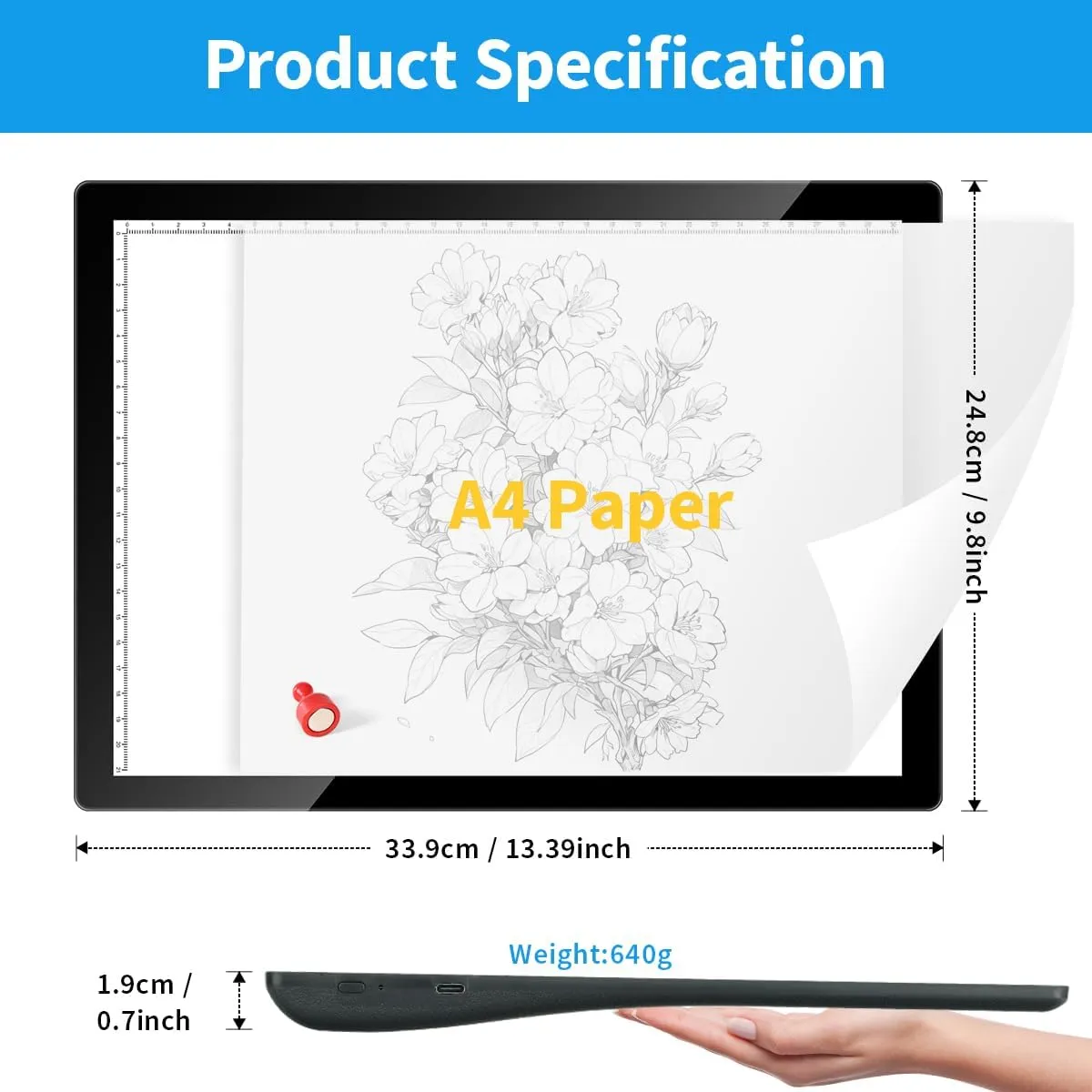 Tracing Light Pad, A4 Rechargeable Light Box with Foldable Stand, Wireless Light Board for Tracing with Magnetic Clip, 5-Level Brightness, for Drawing