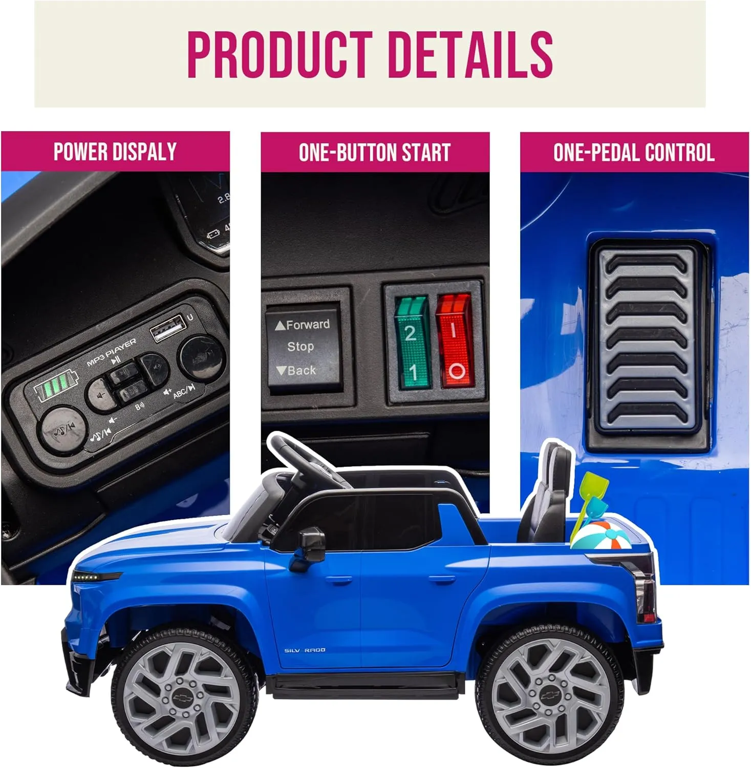 Track Seven 24V Licensed Chevrolet Silverado Ride On Truck Car, Battery Powered Electric Vehicle Jeep with Remote Control, Rear Storage, LED Lights, Outdoor Toy for Boys Girls Aged 3  (Blue)